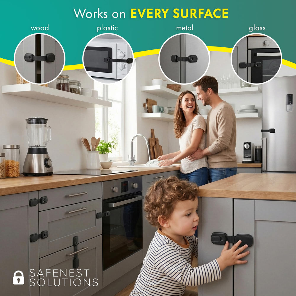 SafeNest adhesive cabinet lock with 3M pad ensures strong, surface-safe attachment.