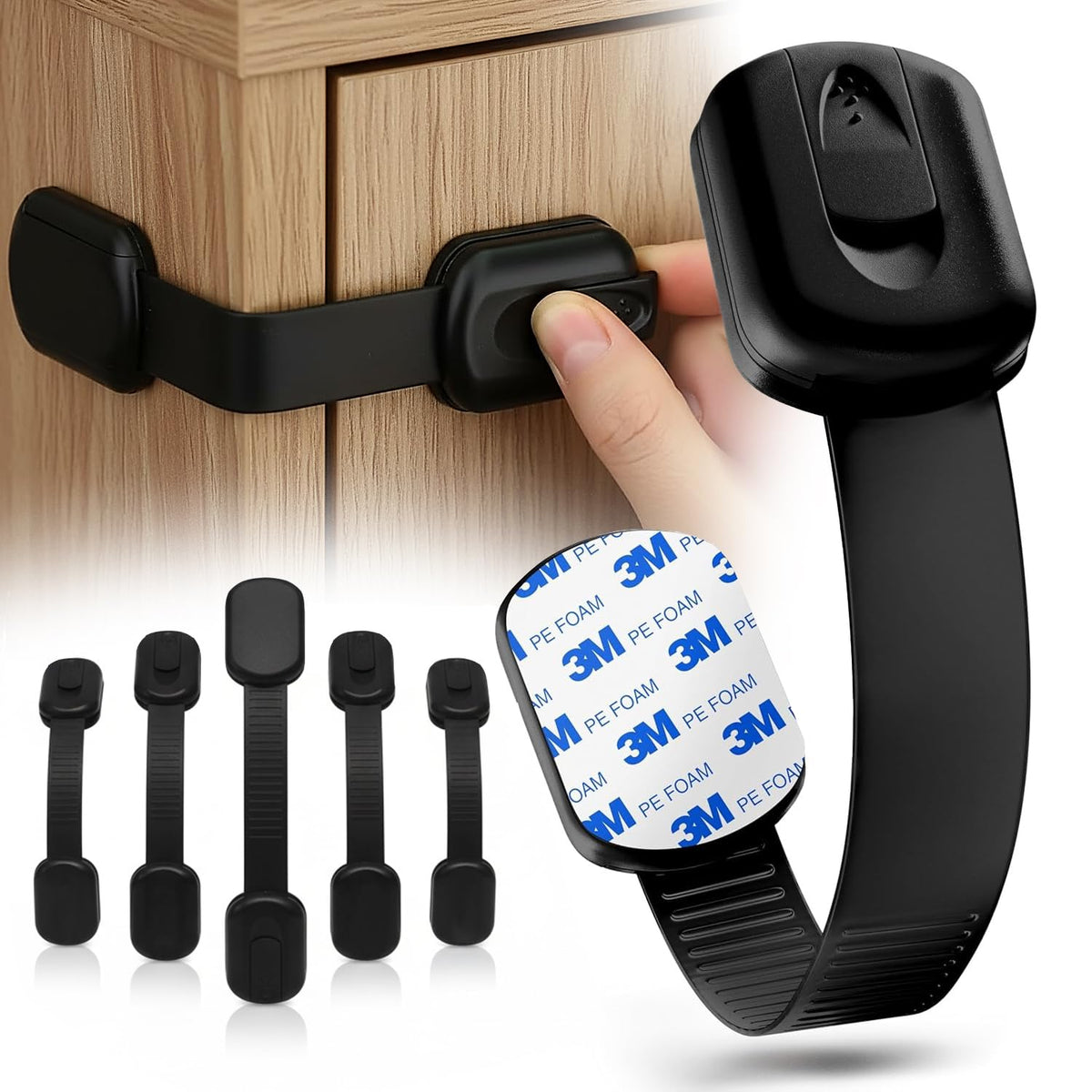 SafeNest cabinet locks in black offer secure, invisible child safety on cabinets.