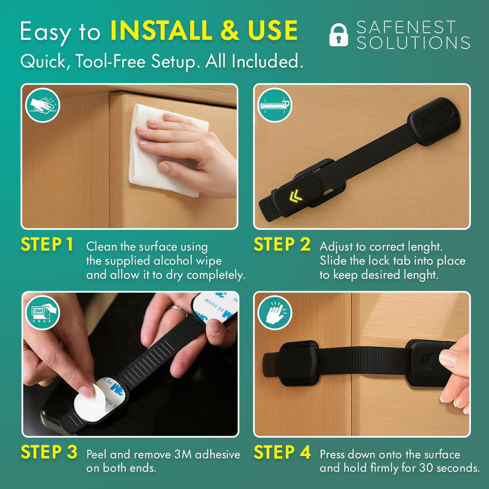 SafeNest drawer lock highlights drill-free installation for cabinets and fridges.