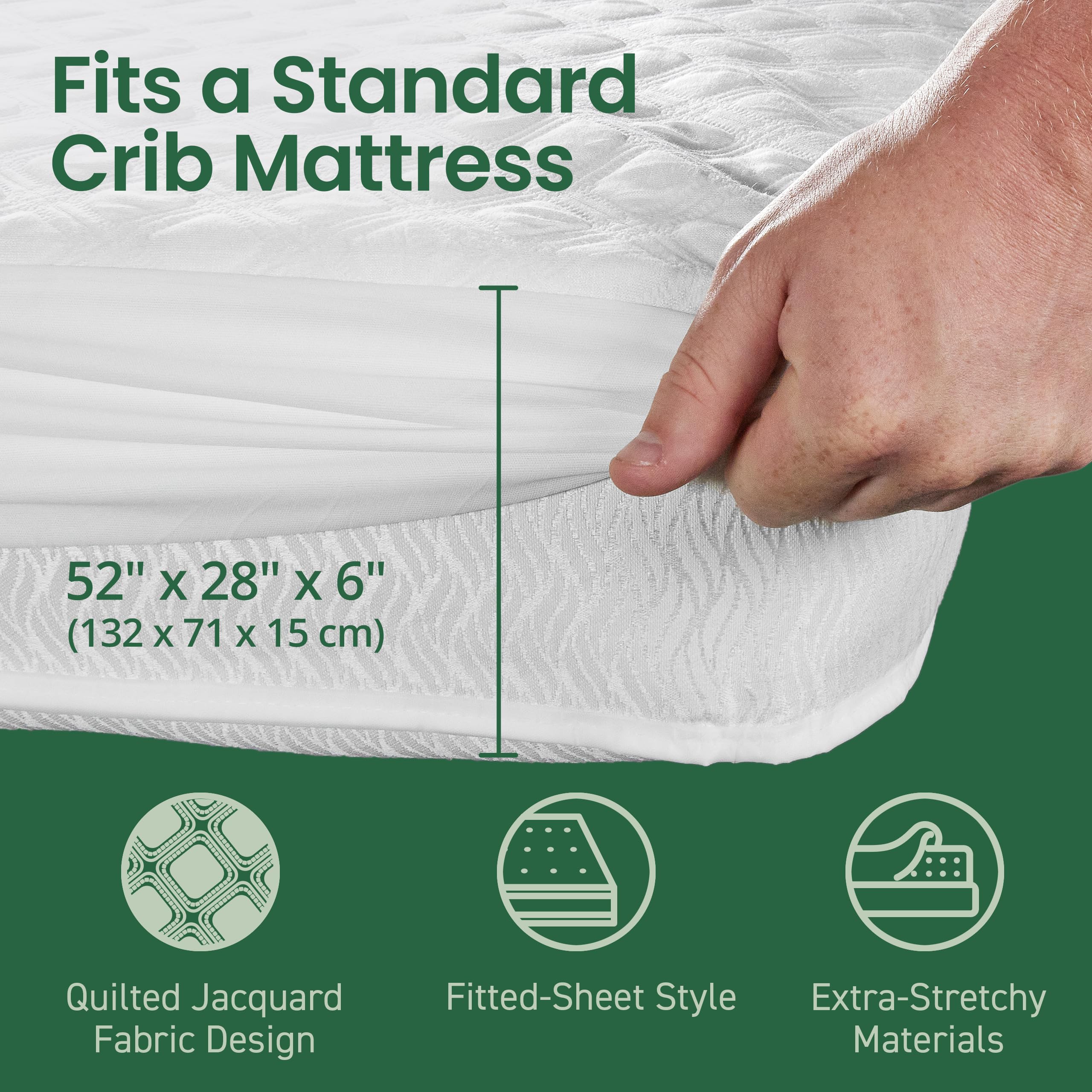 SafeRest Sleepure deep-stretch skirt fits cribs up to 18 inches securely.