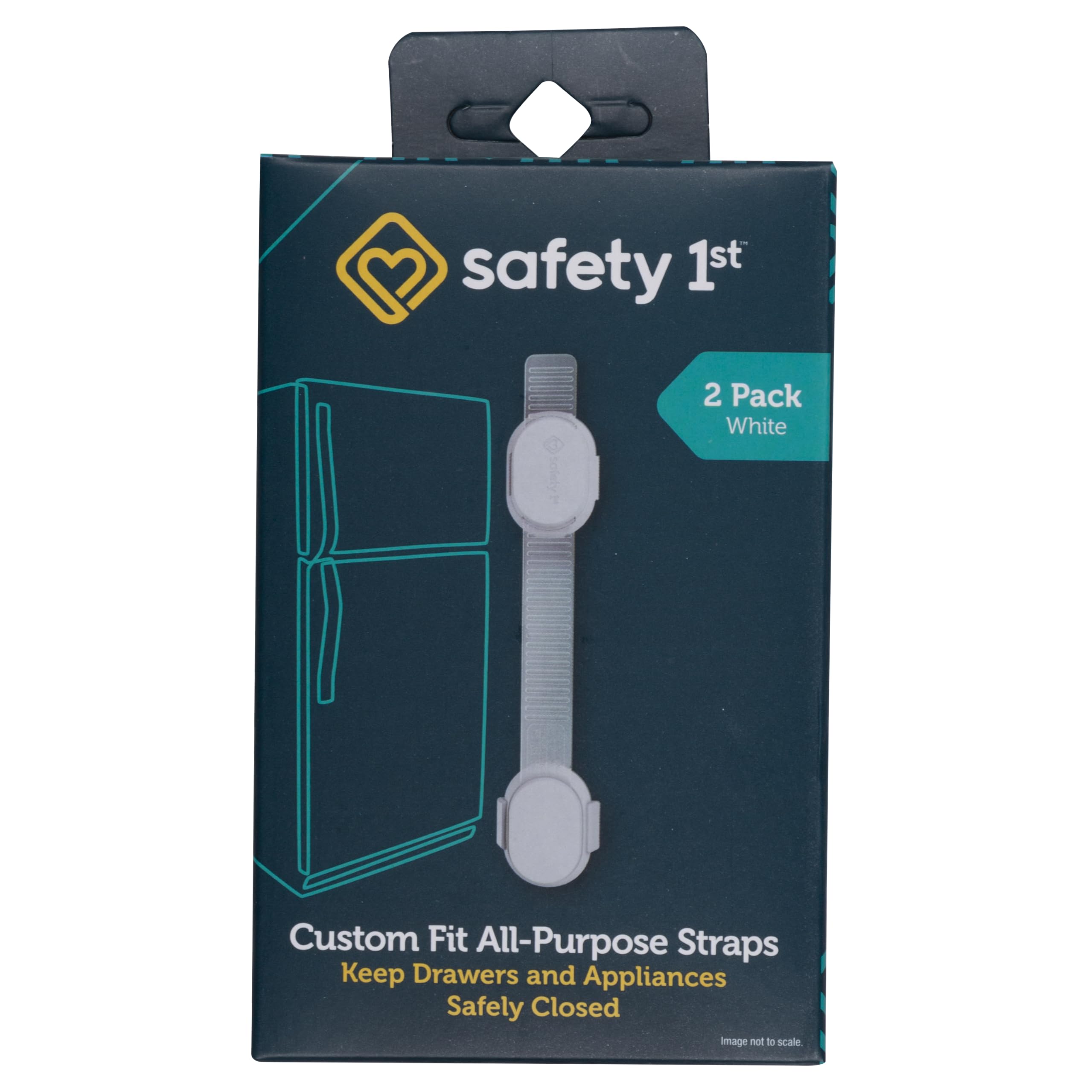 Safety 1st Custom Fit strap secured to cabinet with adhesive for childproofing.