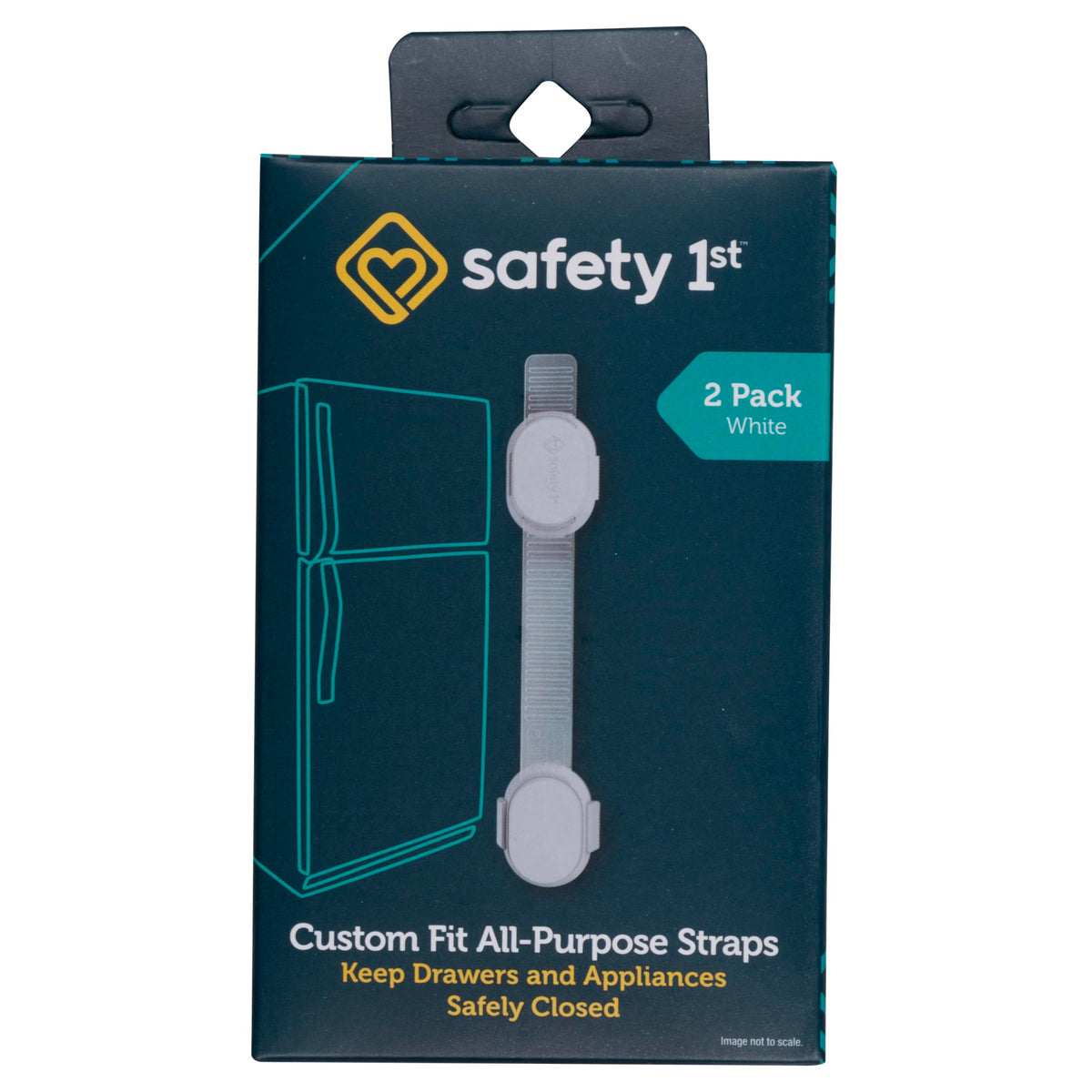 Safety 1st Custom Fit strap secured to cabinet with adhesive for childproofing.
