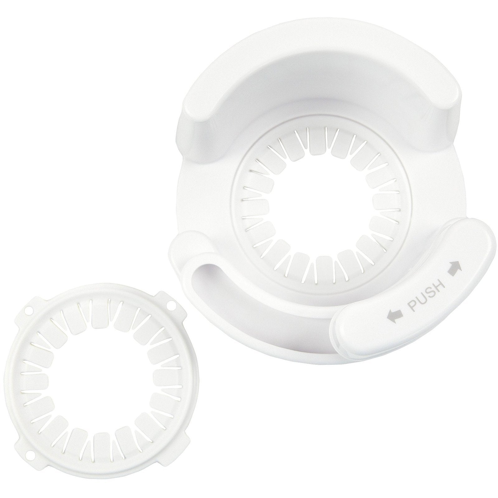 Safety 1st lever handle lock mounted on an off-white lever to deter toddler access