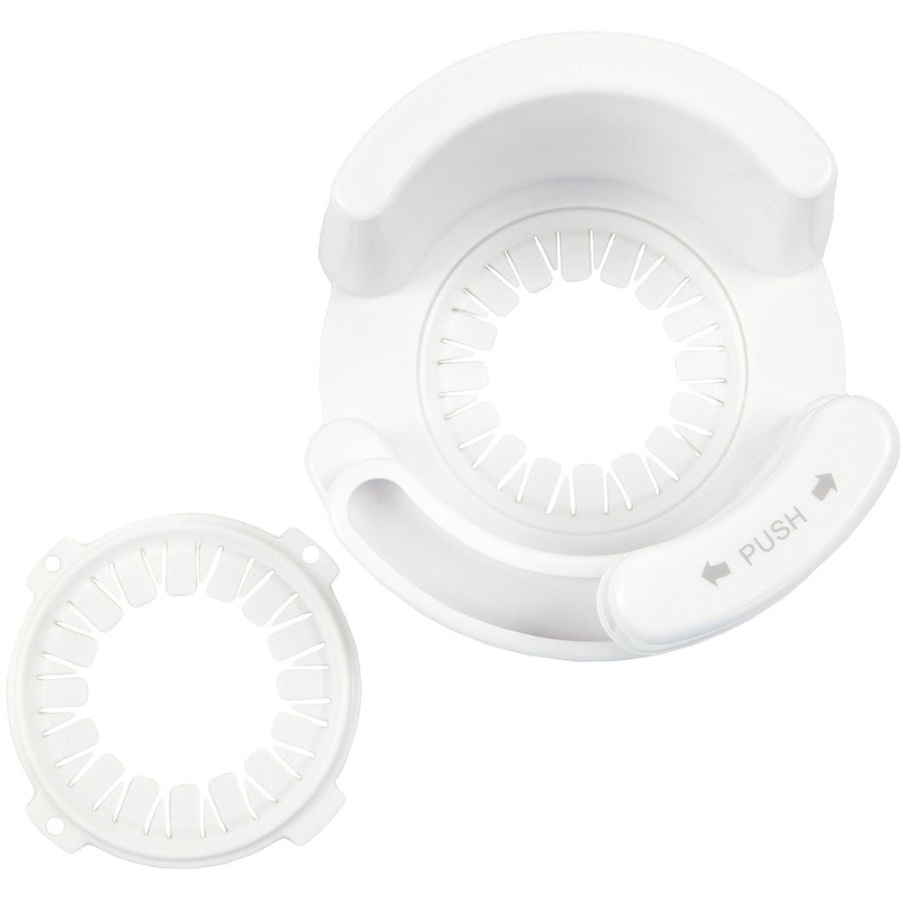 Safety 1st lever handle lock mounted on an off-white lever to deter toddler access
