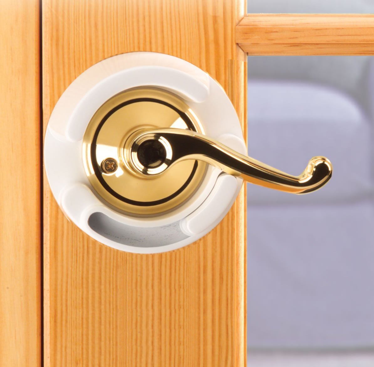 Safety 1st lever lock shown on a French-door lever without tools