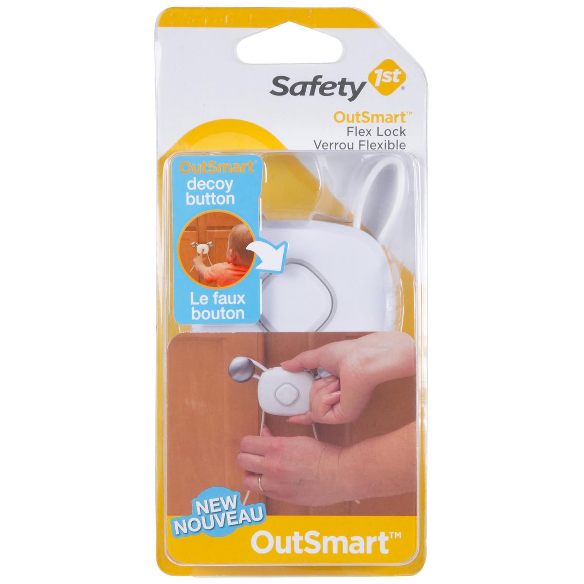 Safety 1st OutSmart Flex Lock decoy button invites touch but prevents opening.
