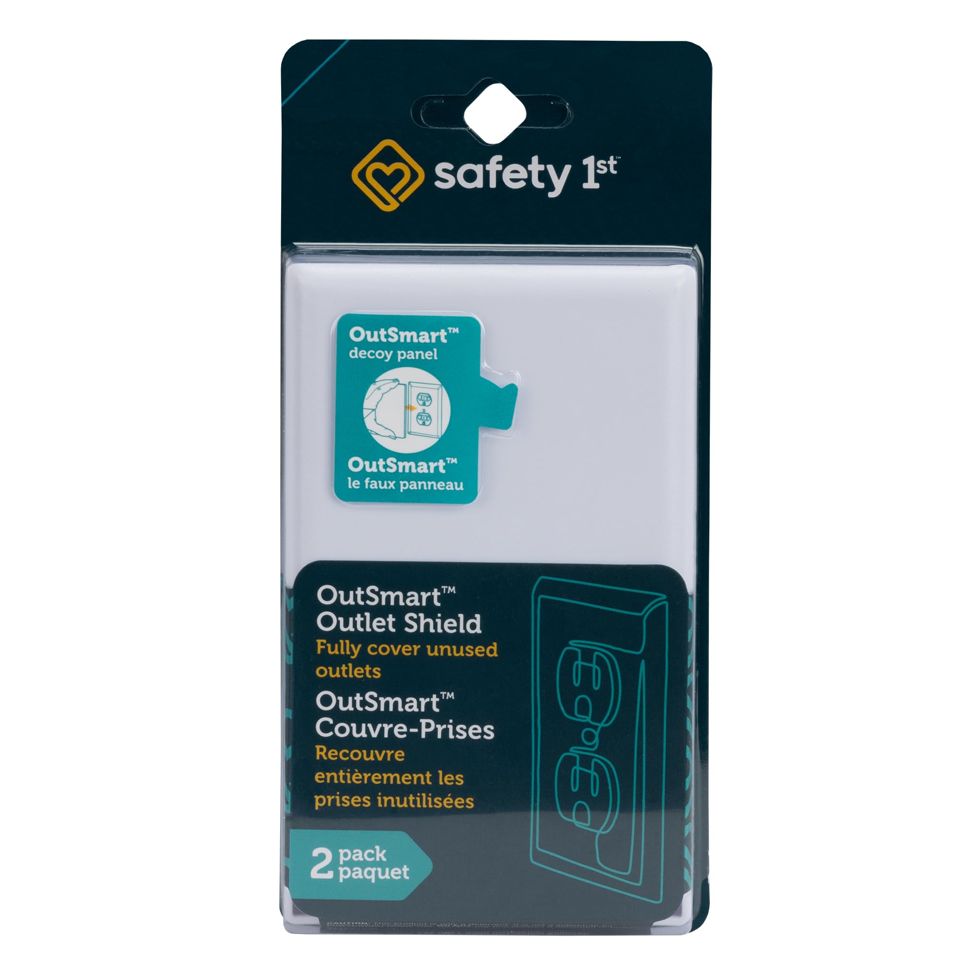 Safety 1st OutSmart Outlet Shield decoy panel hides unused outlets for a neater wall.