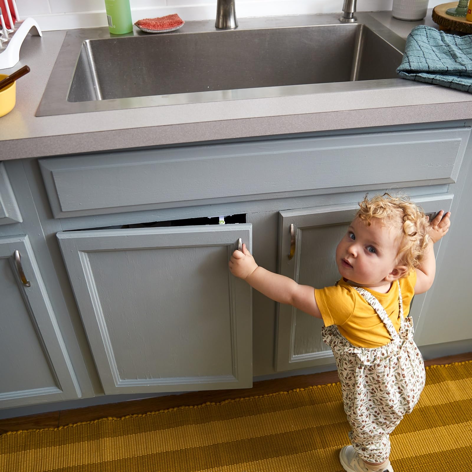 Safety 1st drawer and cabinet solution keeps kitchens organized while little ones explore.