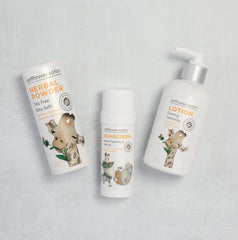 Safflower Safari Herbal Baby Powder on baby skin after bath for gentle absorption