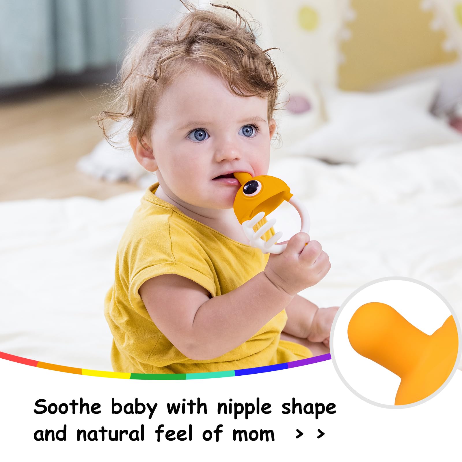 Saffron clownfish teether ergonomic grip designed for tiny hands