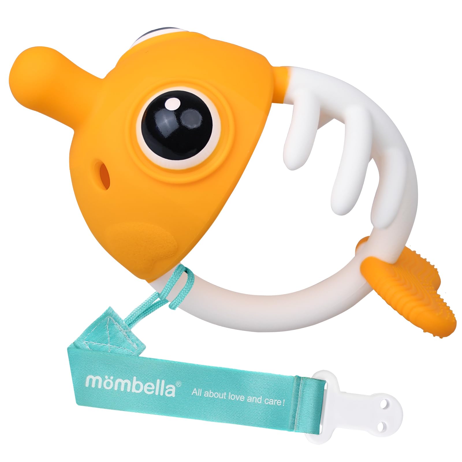 Saffron clownfish teether front view with bright colors to engage baby
