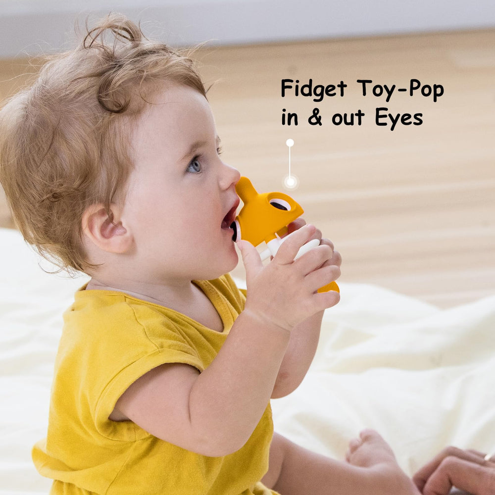Saffron clownfish teether with pressable eyes for sensory exploration