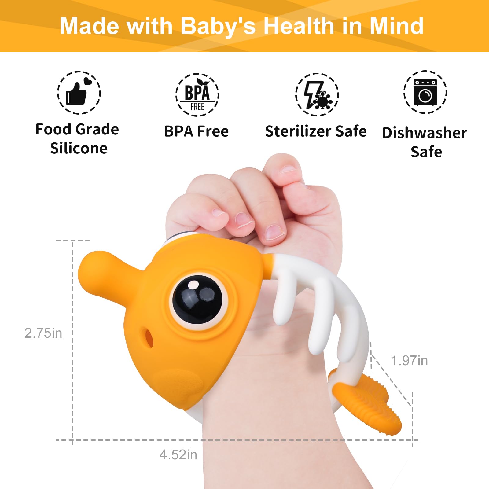 Saffron teether is dishwasher-safe for quick cleanup