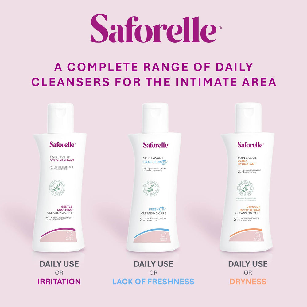 Saforelle on a bathroom shelf ready for daily routine.