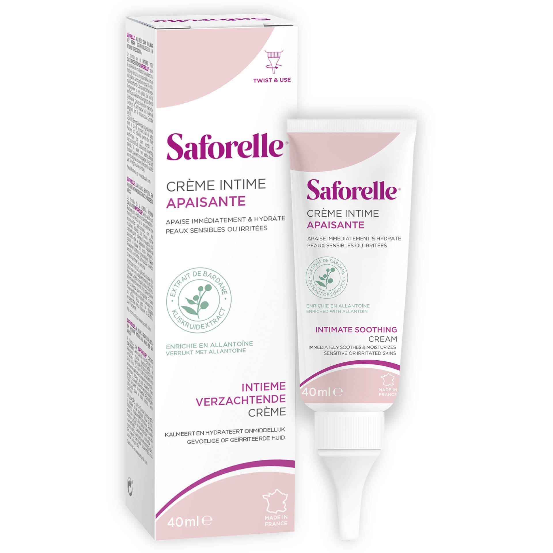 Saforelle intimate cream bottle 40ml showing compact packaging for discreet care