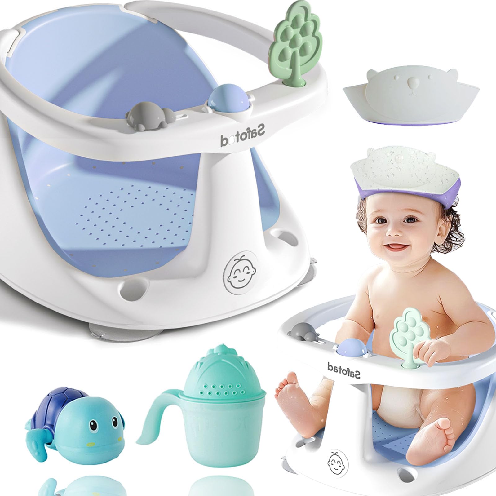 Safotad baby bath seat in use demonstrates ergonomic design for hands-free bathing