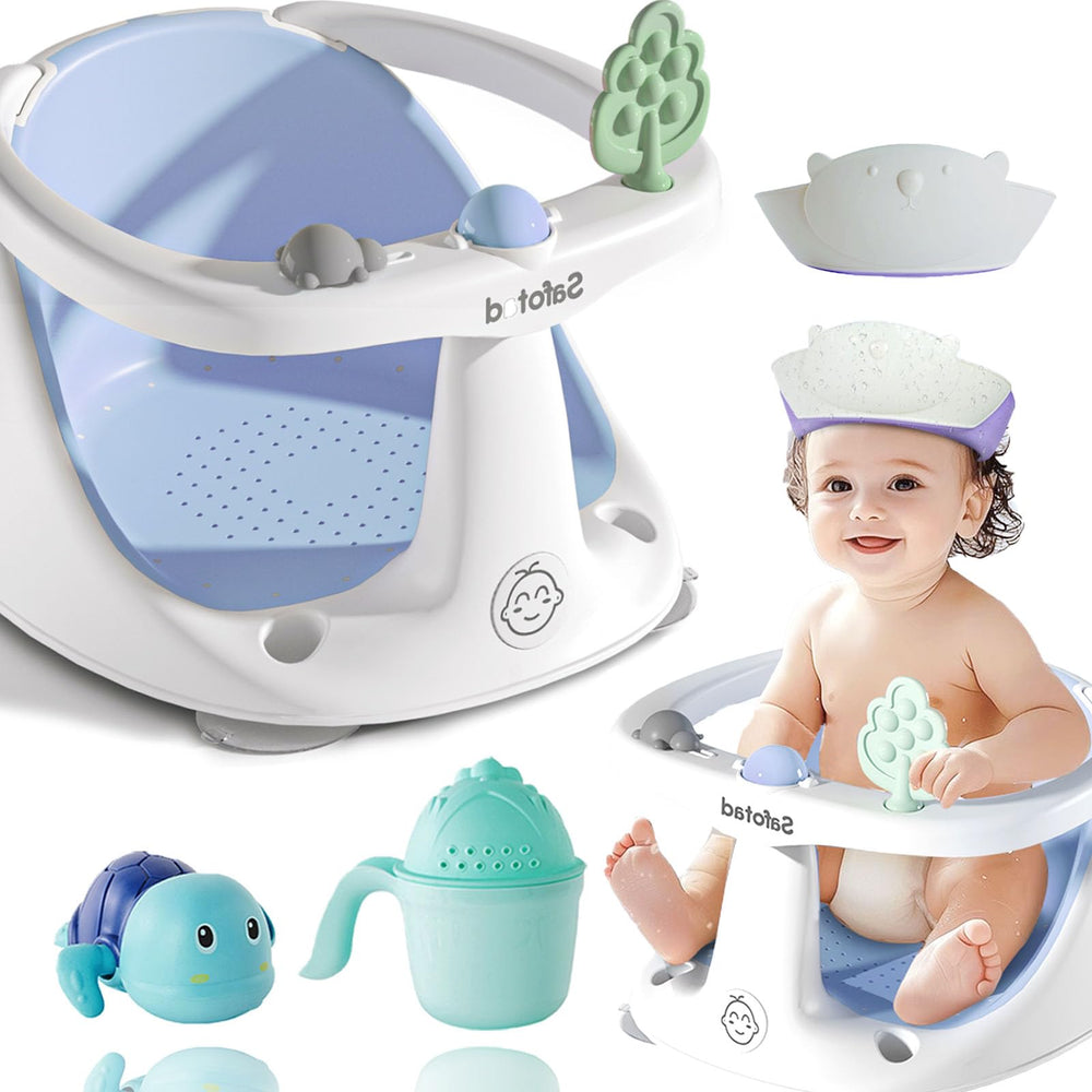 Safotad baby bath seat in use demonstrates ergonomic design for hands-free bathing