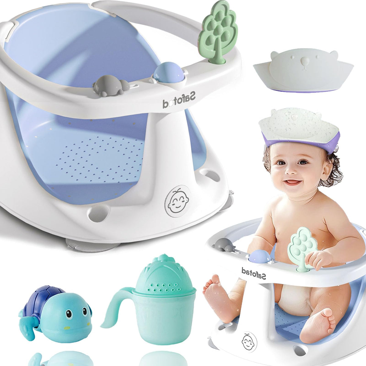Safotad baby bath seat in use demonstrates ergonomic design for hands-free bathing