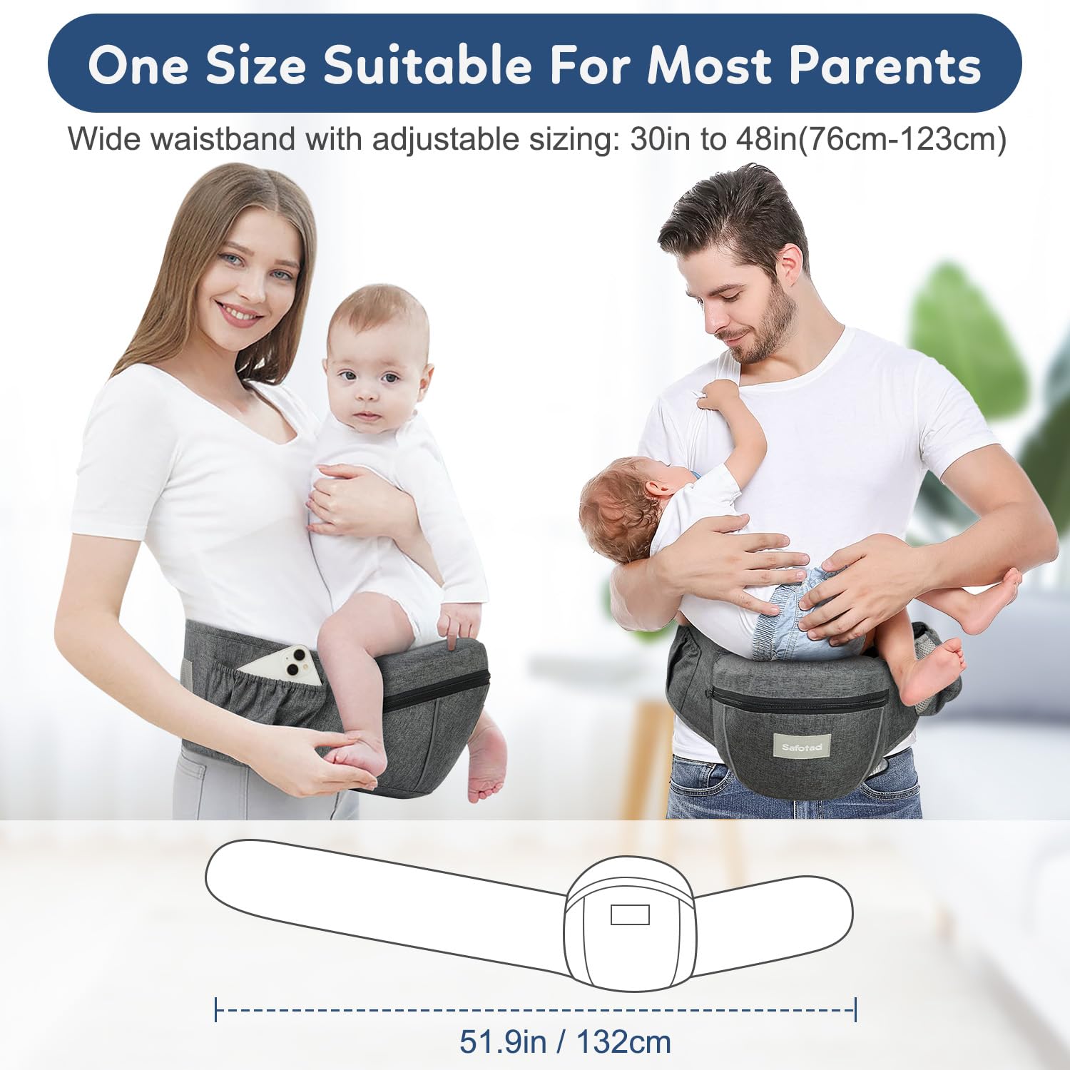 Safotad hip-seat carrier breathable mesh keeps wearer and baby cool.