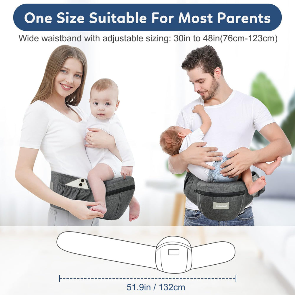 Safotad hip-seat carrier breathable mesh keeps wearer and baby cool.
