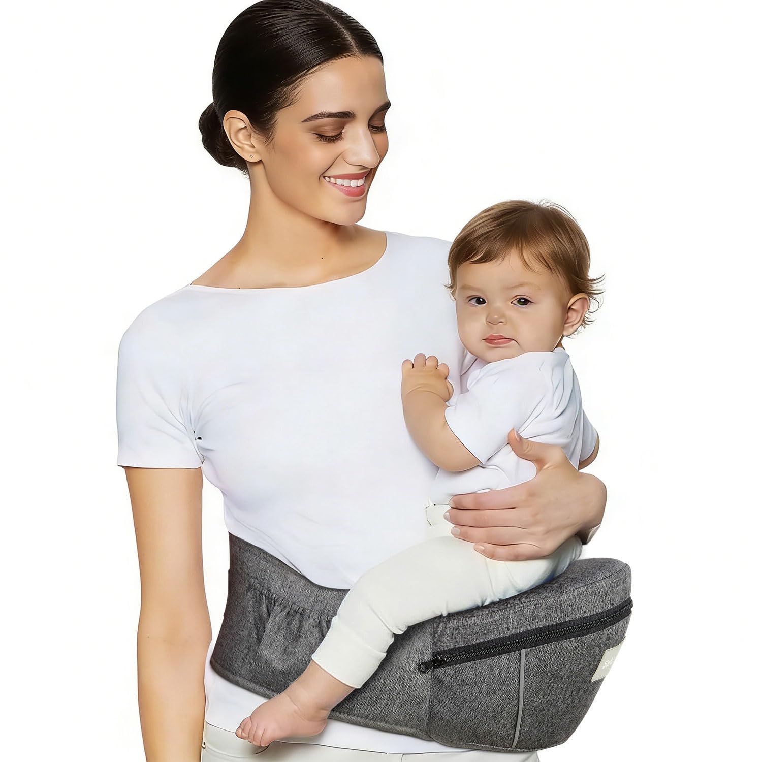 Safotad baby carrier with hip seat front view highlighting ergonomic M-shape support.