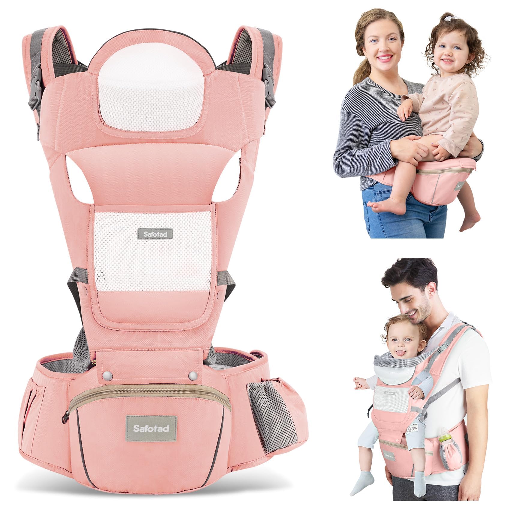 Safotad baby carrier hip seat pink for hands free carry