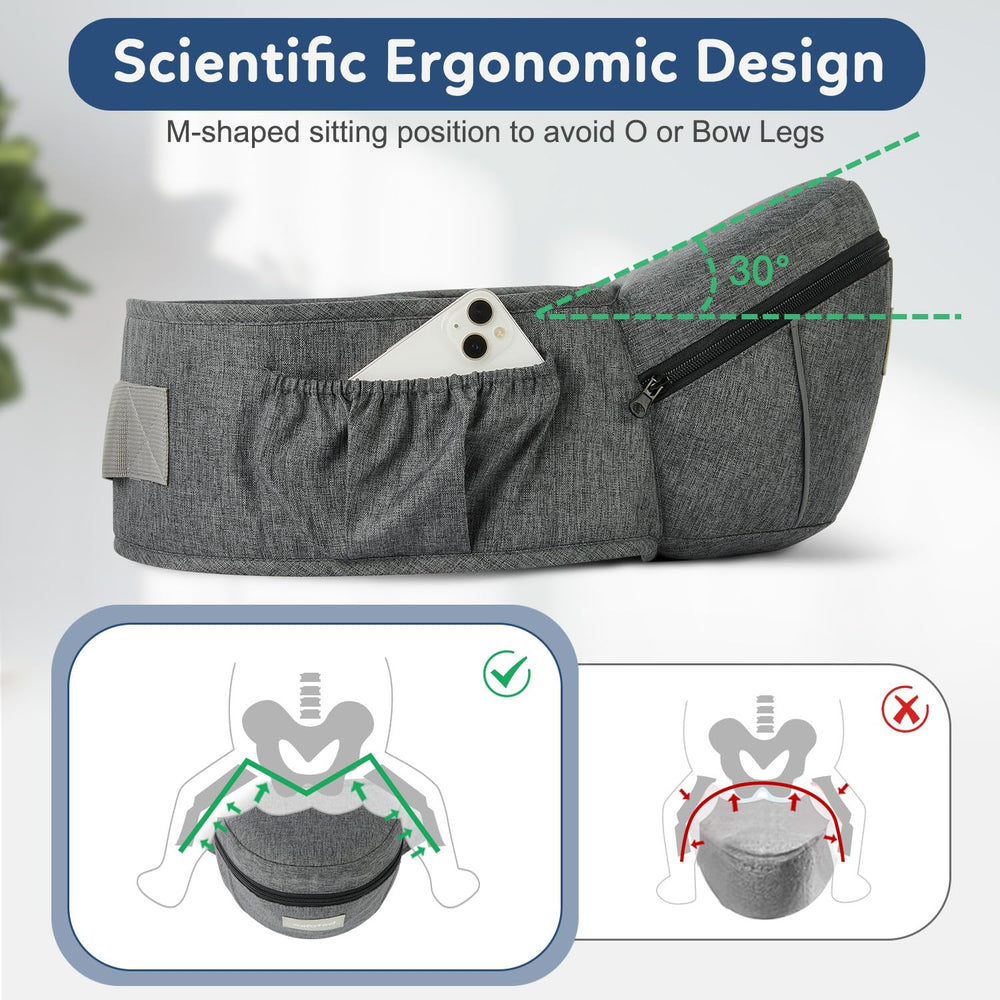 Safotad hip-seat carrier side carry demonstrates hands-free versatility for on-the-go parents.