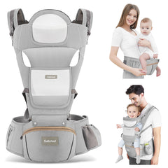 Safotad baby carrier with hip seat provides secure support for on-the-go parents.