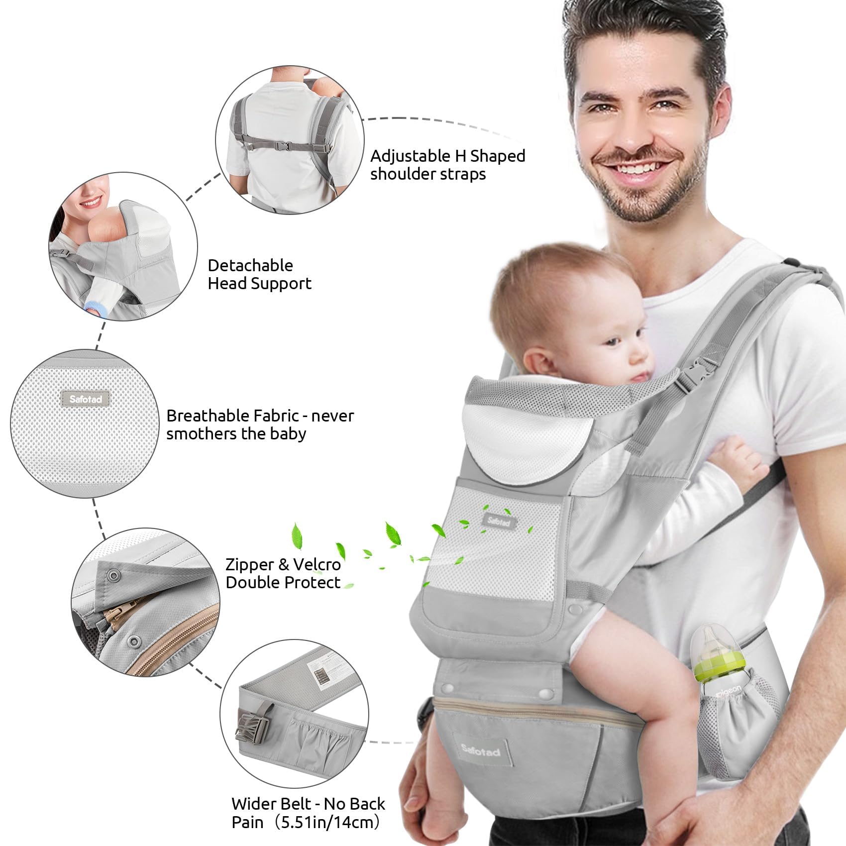 Safotad breathable mesh fabric keeps both baby and wearer cool.