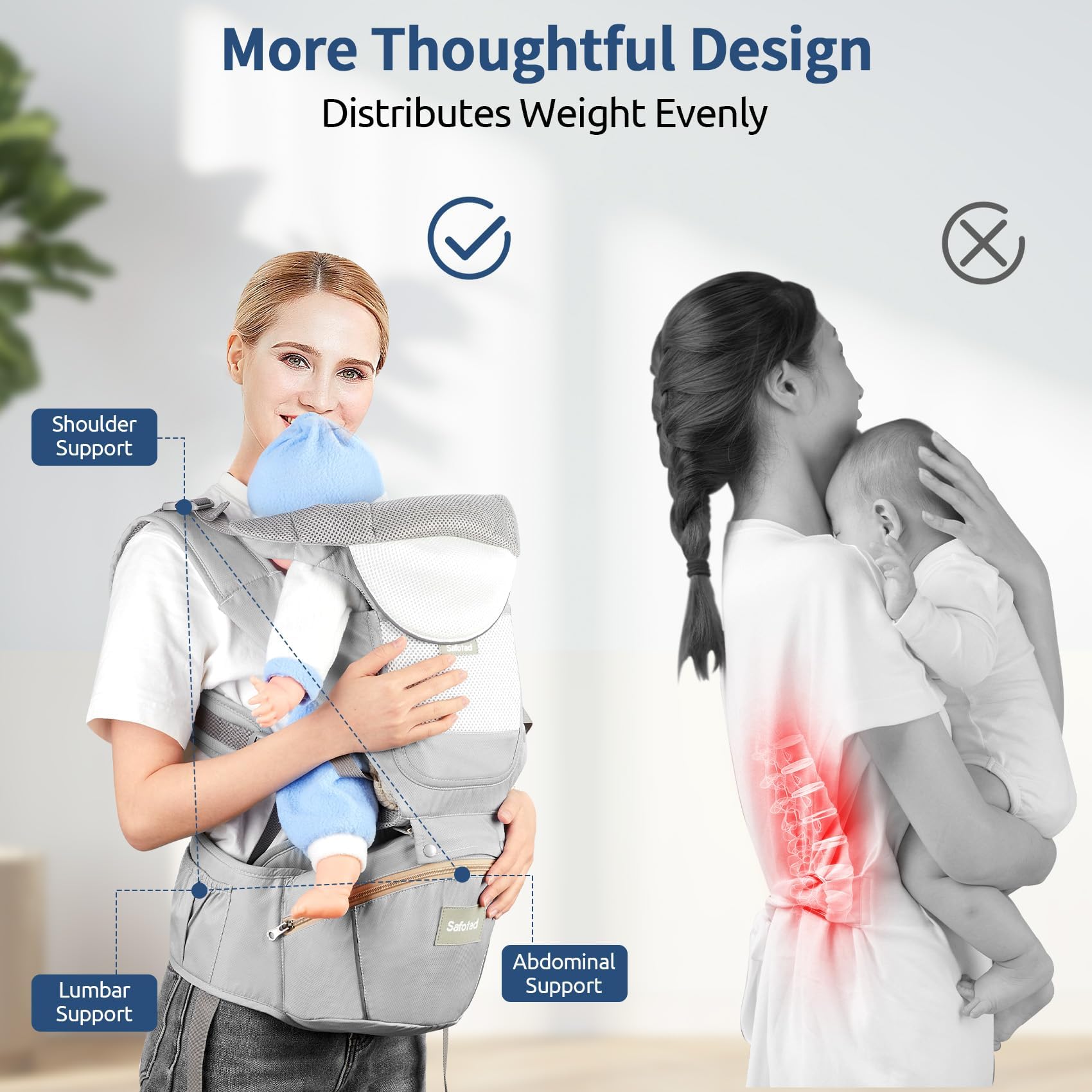 Safotad head support keeps baby's head stable during daily carries.