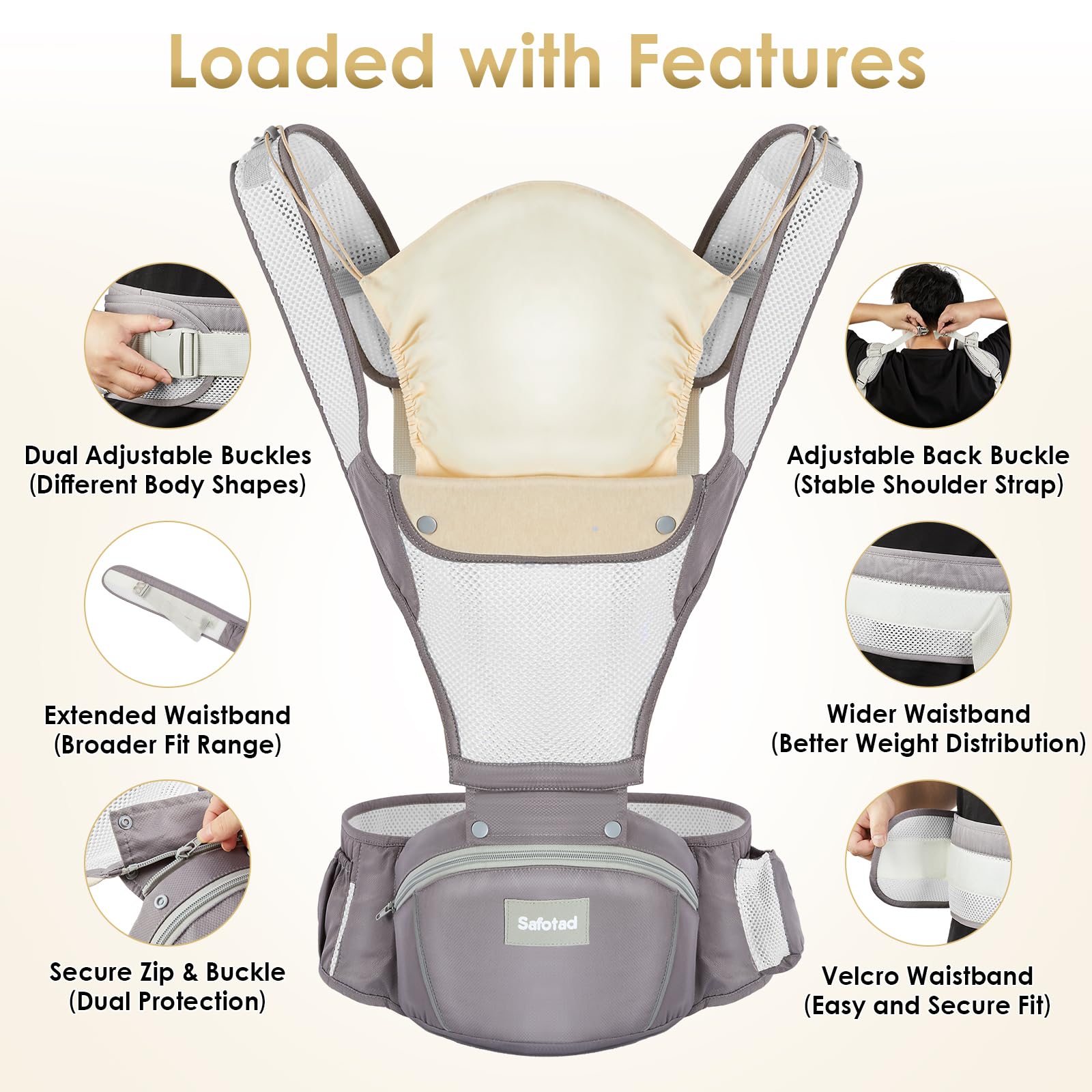 Safotad storage pockets hold bottles, keys, and essentials.