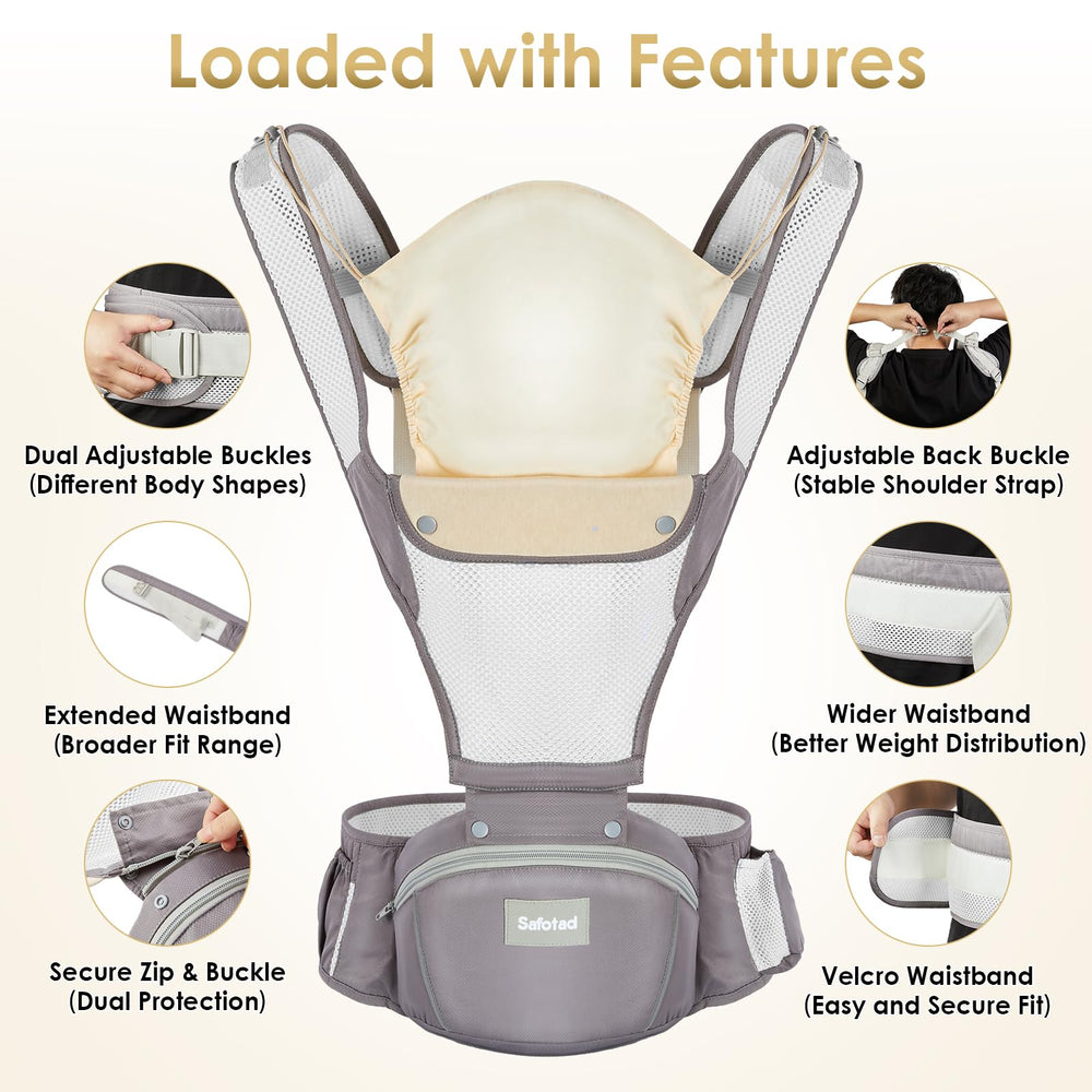 Safotad storage pockets hold bottles, keys, and essentials.