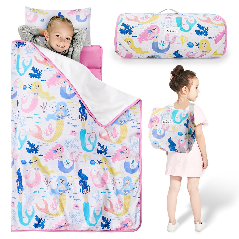 Safotad toddler nap mat with pillow detail showing cozy support for travel