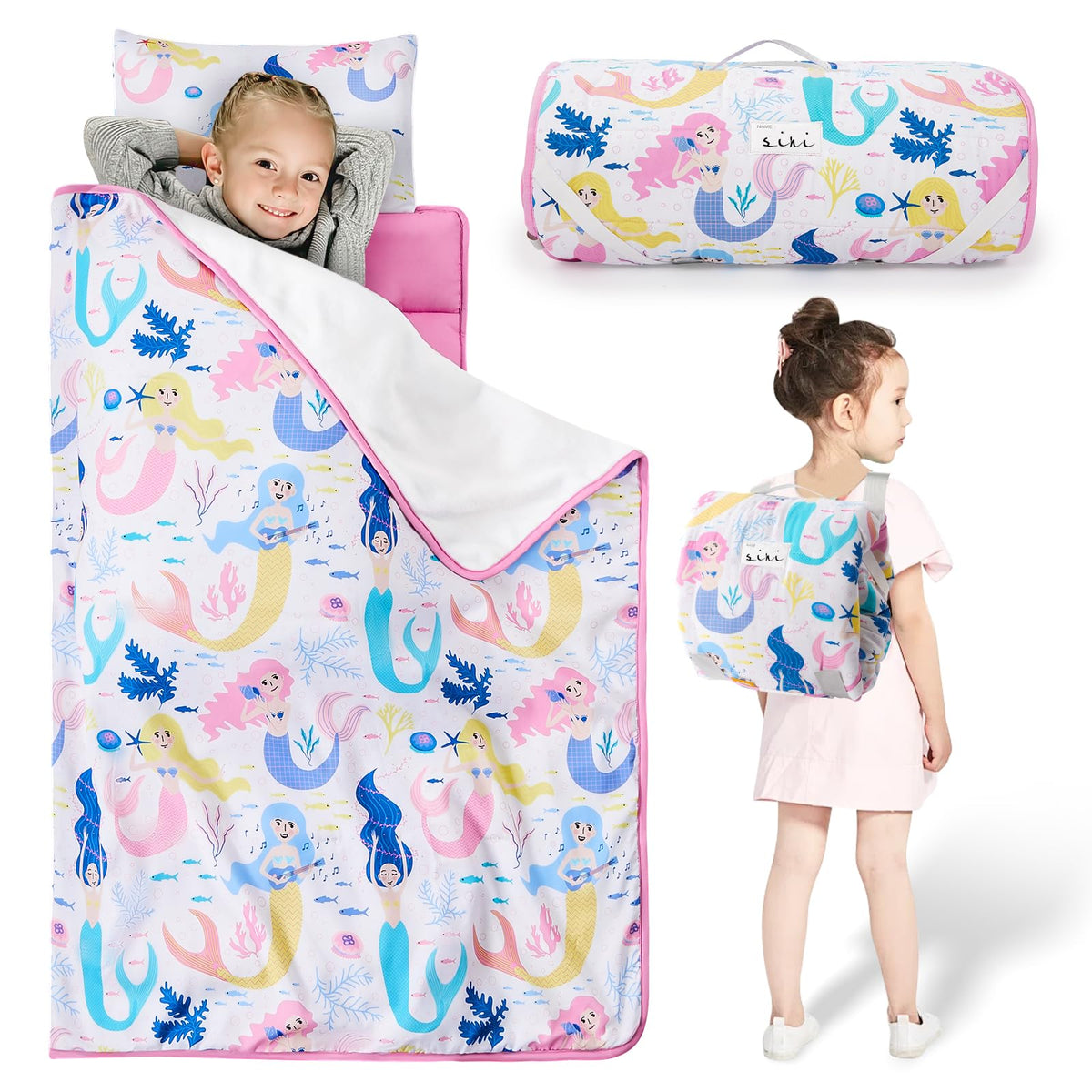 Safotad toddler nap mat with pillow detail showing cozy support for travel