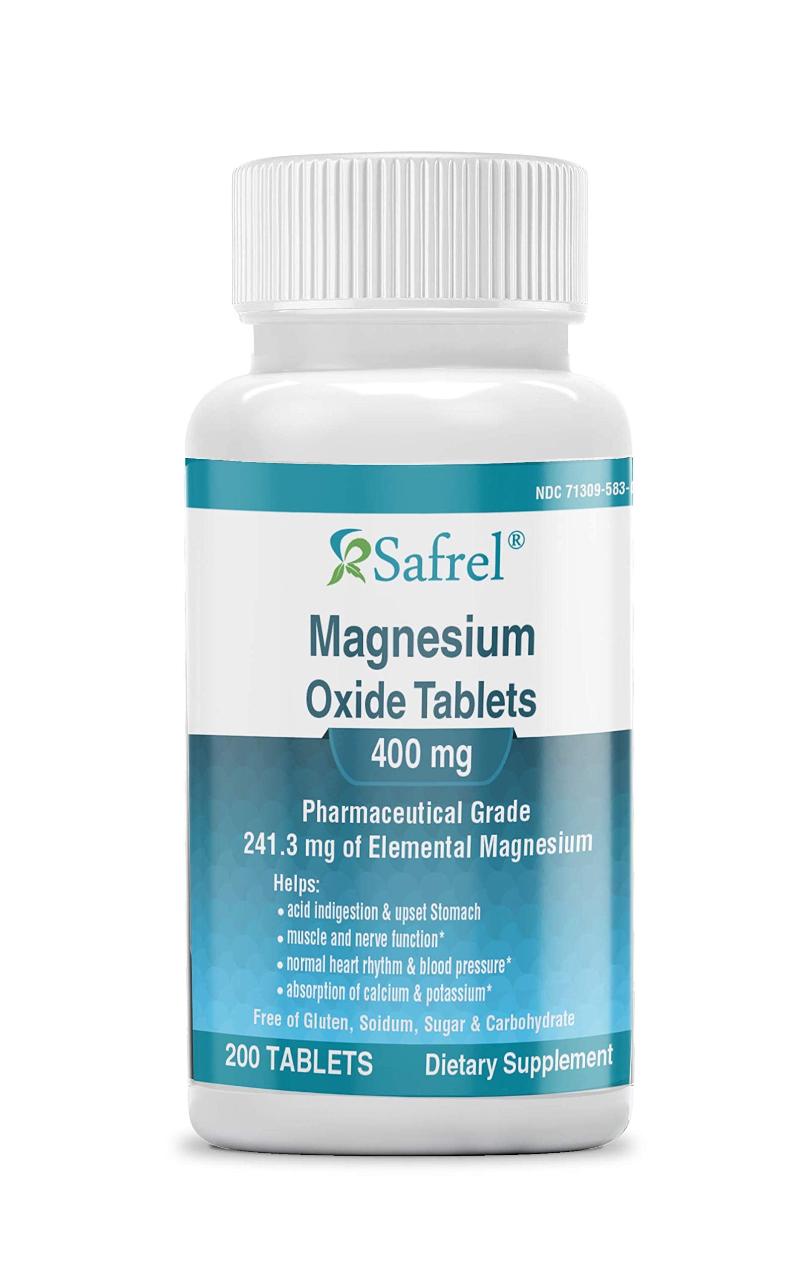Safrel Magnesium 400mg bottle on counter supports daily muscle relaxation.
