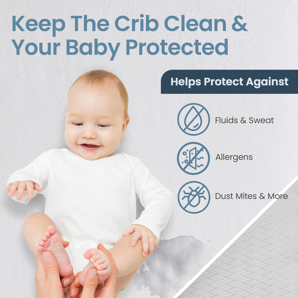 SafeRest cotton blend crib protector offers breathable protection for restful sleep.