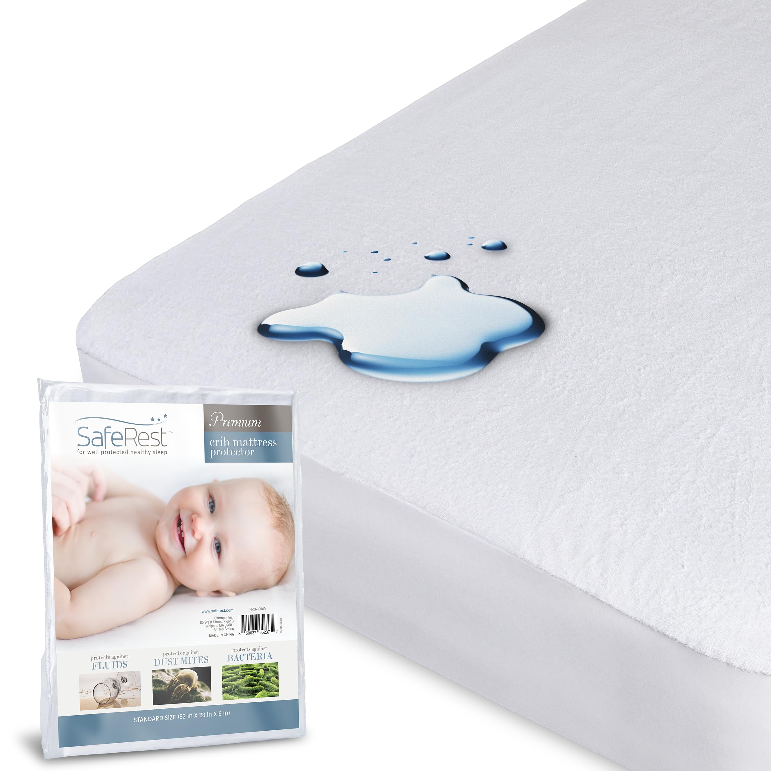 SafeRest crib mattress protector with stretch pockets provides a snug, secure fit.