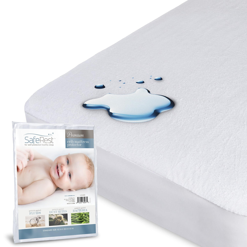 SafeRest crib mattress protector with stretch pockets provides a snug, secure fit.