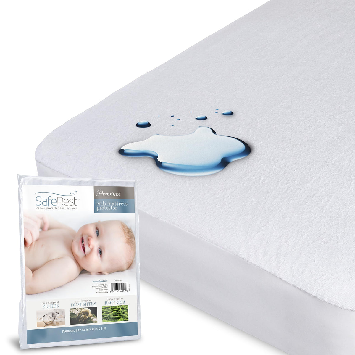 SafeRest crib mattress protector with stretch pockets provides a snug, secure fit.