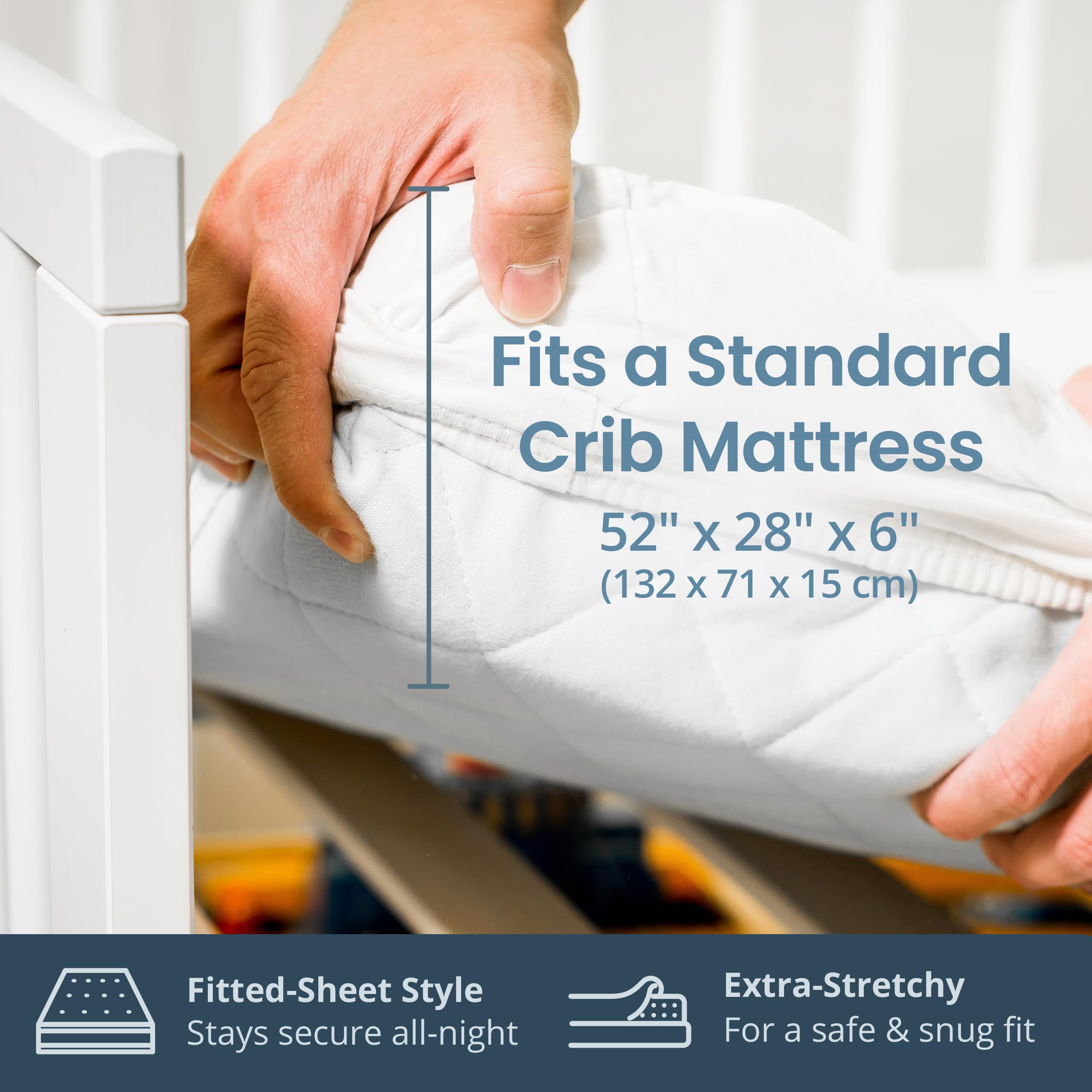 SafeRest quiet, breathable crib cover minimizes crinkle noise during sleep.