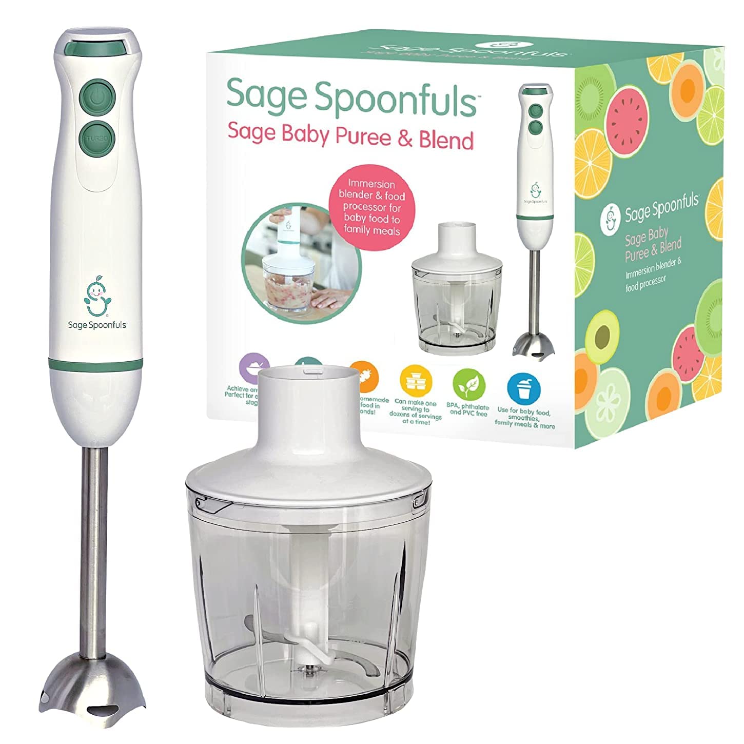 Sage Spoonfuls baby food maker front view for easy on-the-go meals.