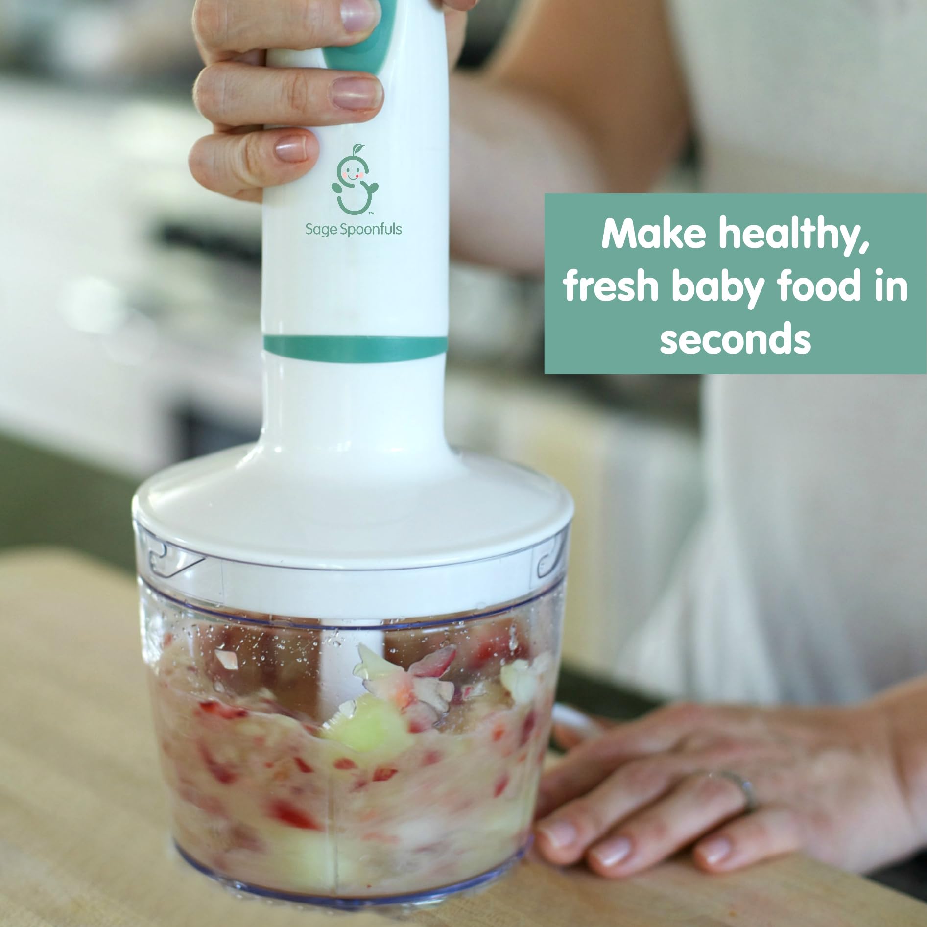 Sage Spoonfuls processor attachment close-up highlighting dishwasher-safe parts.