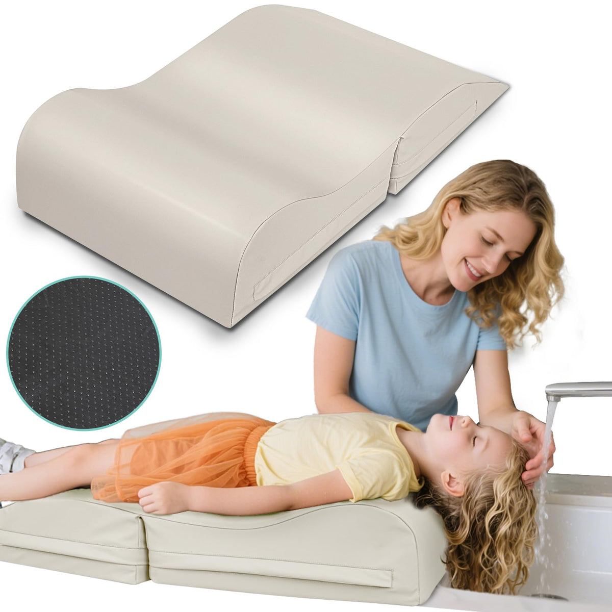 SAHEYER hair washing station for kids on chair provides comfy neck support during bath time.