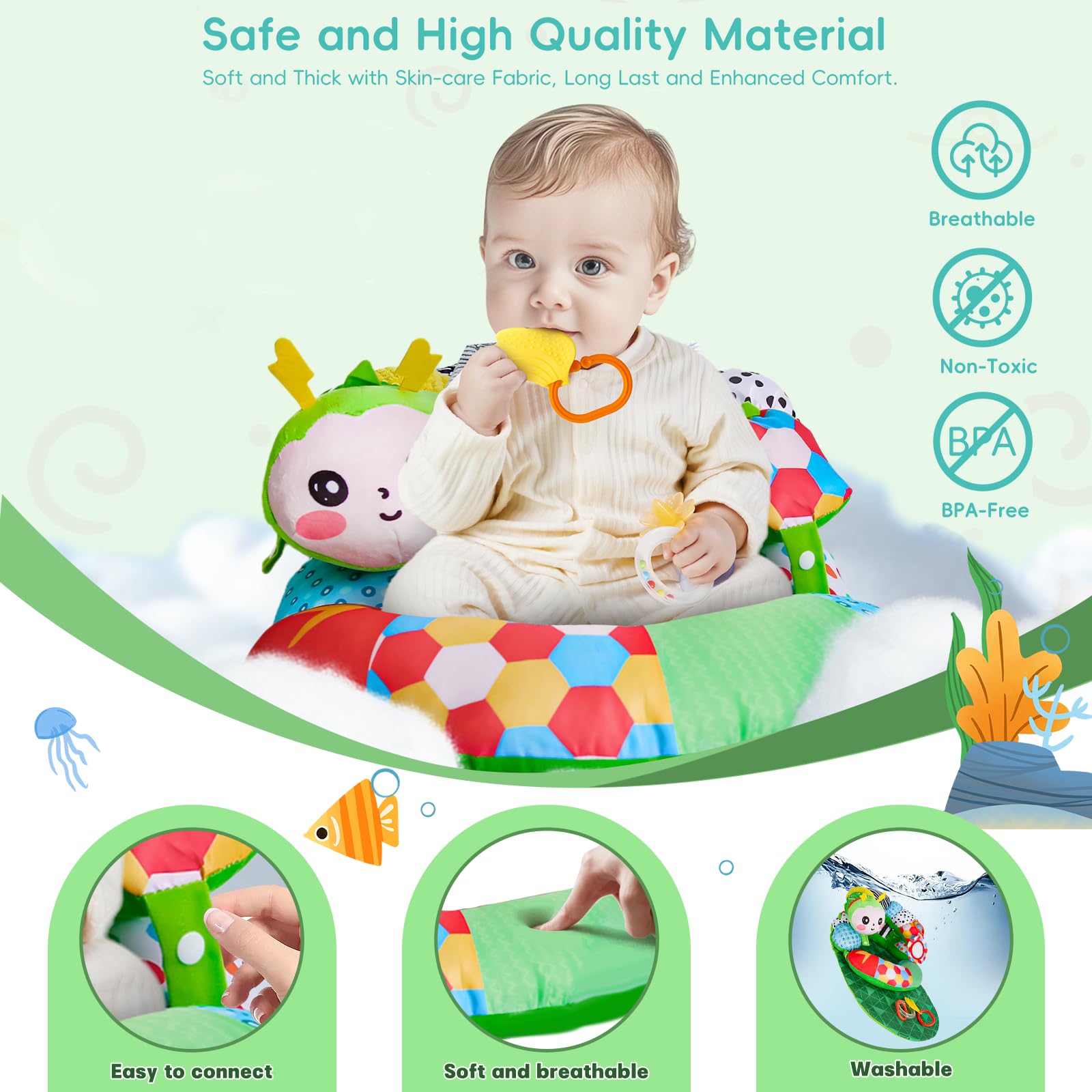 SAIMAND colorful baby playmat stimulates sensory exploration during tummy time.