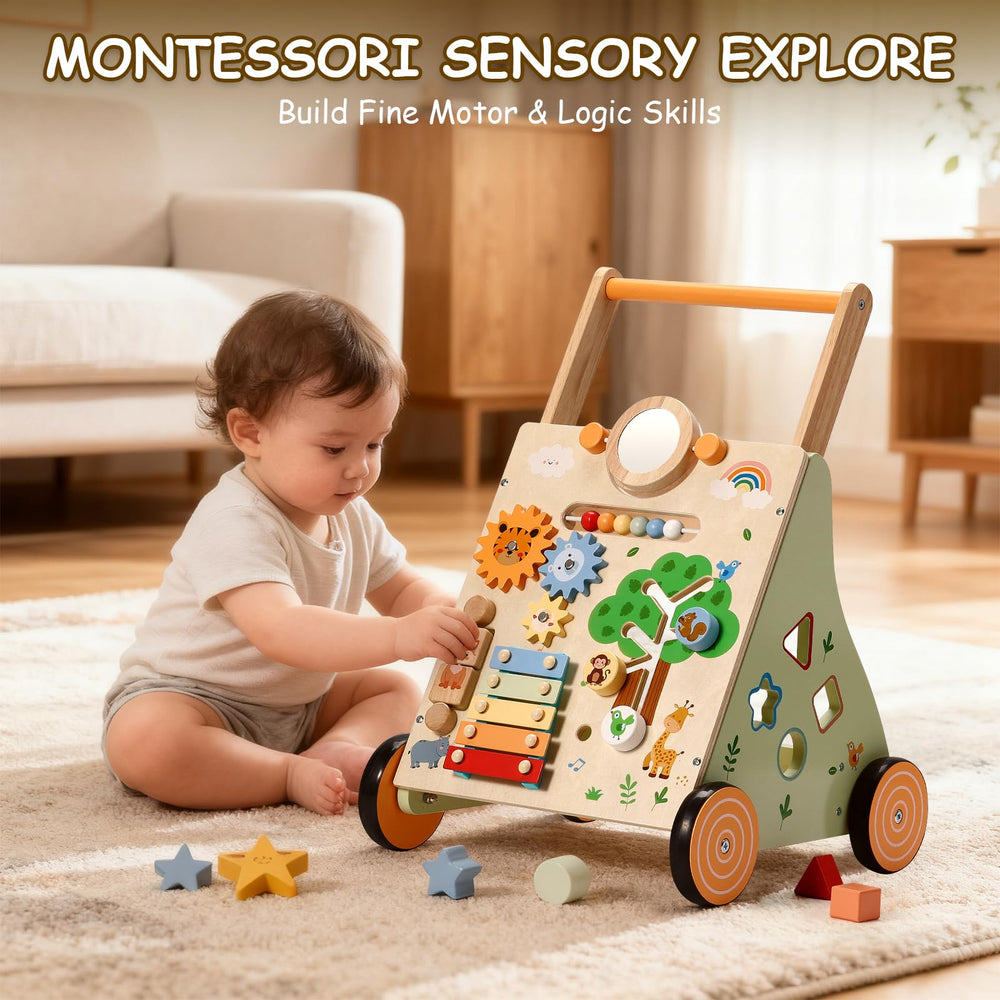 Rear storage rack keeps favorite toys within reach during walks.