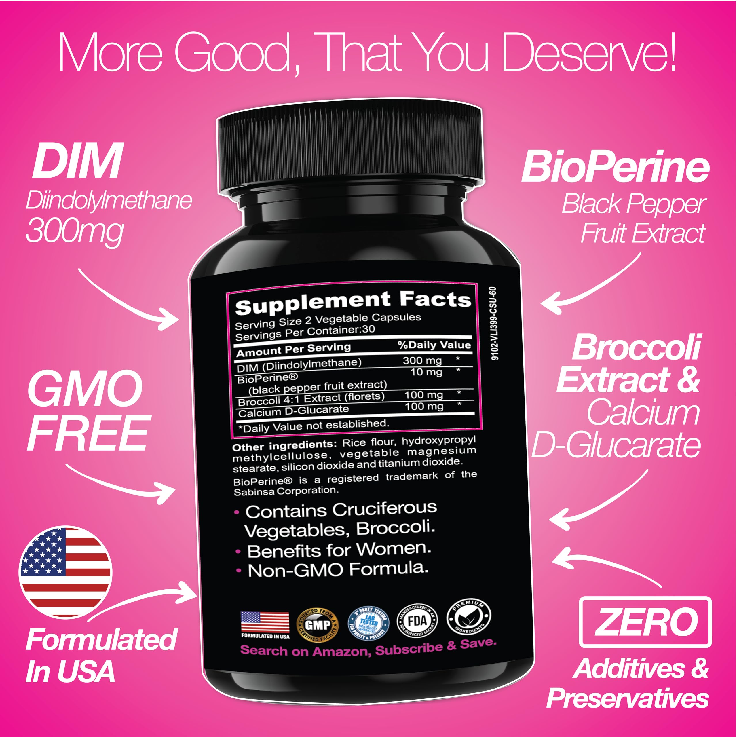 Saint Mingiano DIM 300mg label closeup showing ingredients supporting hormonal balance.