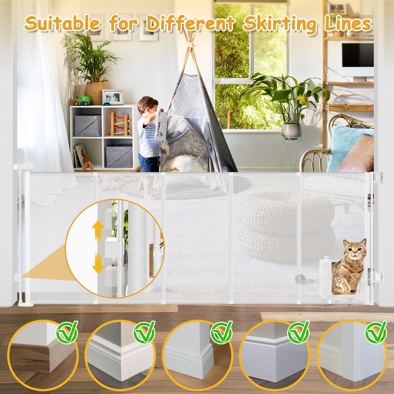 Sair Pet gate in retracted stance saves space when not in use.