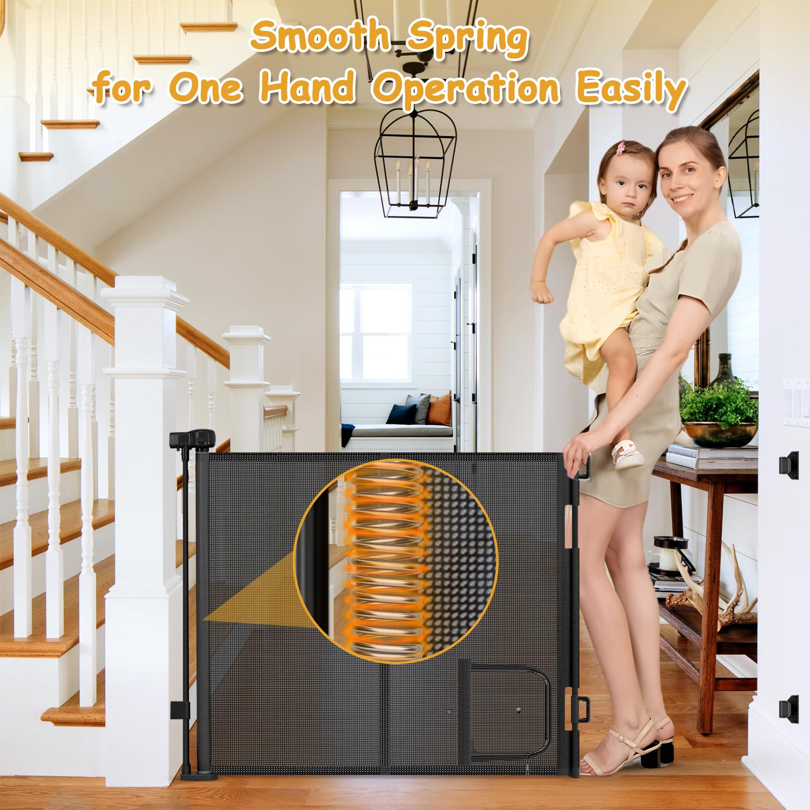 Sair Pet indoor outdoor retractable gate fits living rooms and patios.