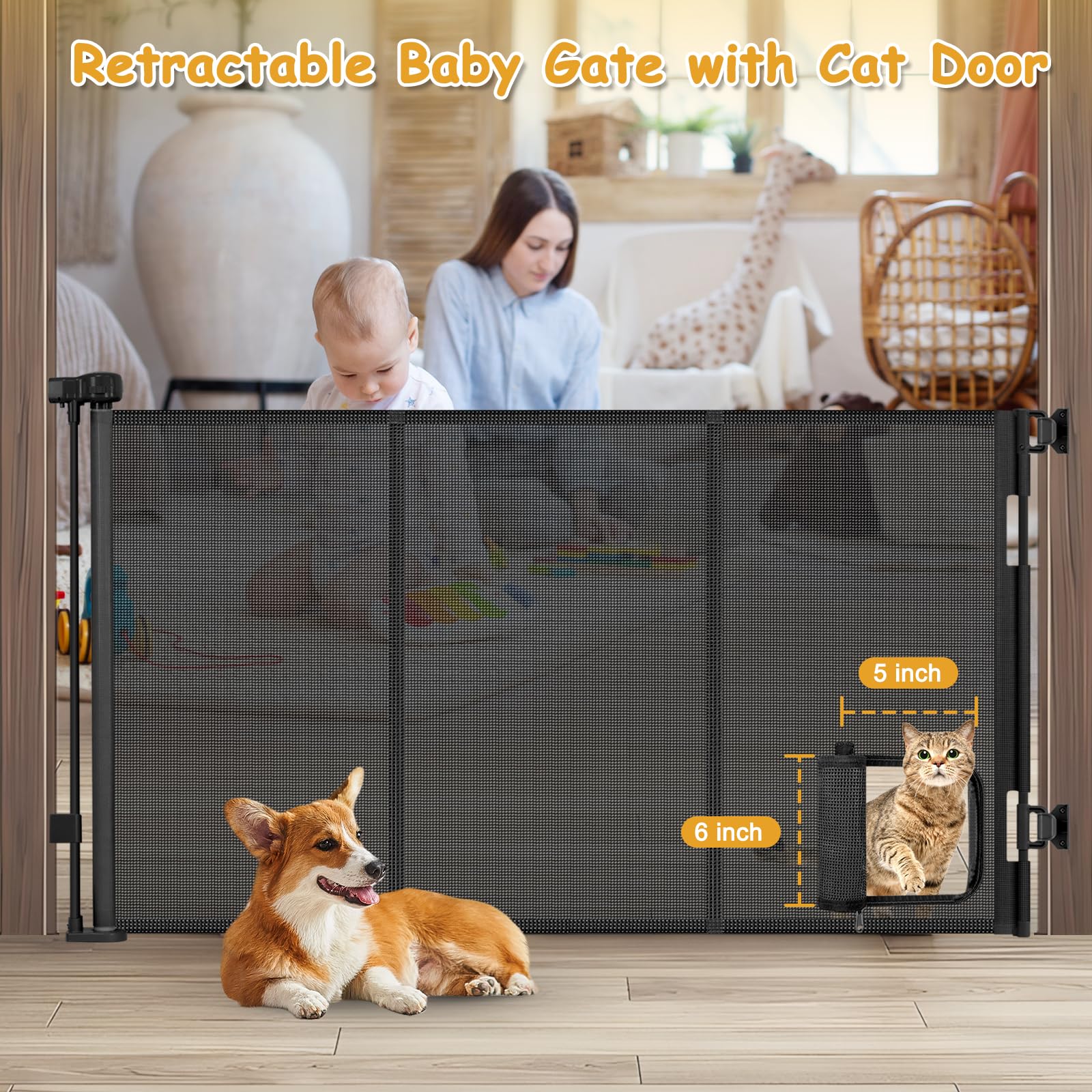 Sair Pet mesh gate with cat door and reinforced bars prevents climbing.