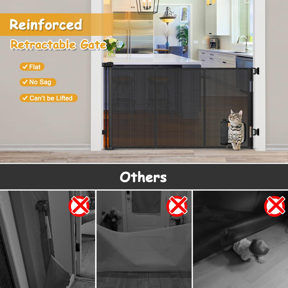 Sair Pet one-hand operation retractable gate for hands-free setup.